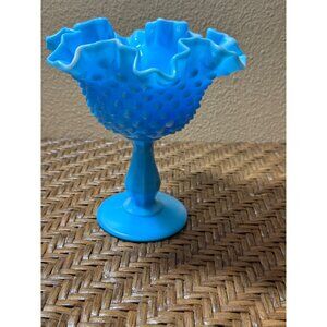 Vintage Fenton Blue Opalescent Hobnail Glass Pedestal Vase With Ruffled Edge